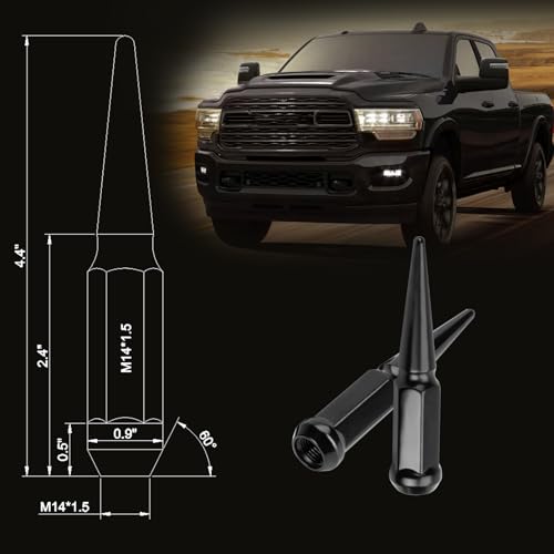 24PCS 14x1.5 Wheel Spike Lug Nuts, Black Spike Lug Nuts M14x1.5 Solid 4.4" Tall Acorn Lug Nut with 1 Socket Key Replacement for Ram 1500 2500 3500, F-150 F-250 F-350, Grand Cherokee - size: 14x1.5