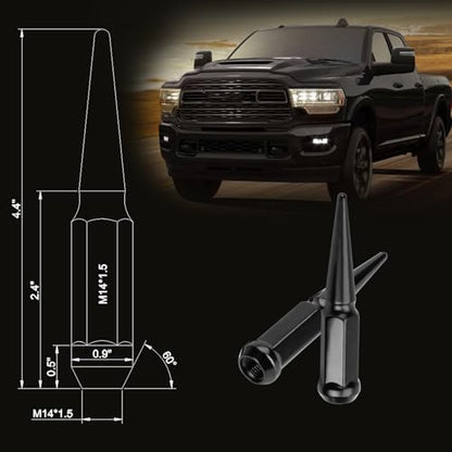24PCS 14x1.5 Wheel Spike Lug Nuts, Black Spike Lug Nuts | M14x1.5 Solid 4.4" Tall Acorn Lug Nut with 1 Socket Key Replacement for Ram 1500 2500 3500, F-150 F-250 F-350, Grand Cherokee - size: 14x1.5