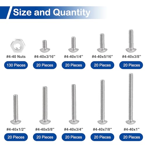 #4-40 Phillips Pan Head Machine Screws Nuts Assortment Kit, 3/16"-1" Length | 310Pcs, 304 Stainless Steel 18-8, UNC Fully Threaded, 9 Sizes for RC Models, 3D Printers, Robotics, Electronics Enclosures - size: #4-40