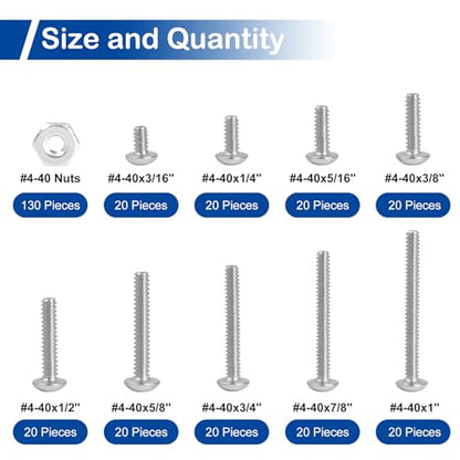 #4-40 Phillips Pan Head Machine Screws Nuts Assortment Kit, 3/16"-1" Length | 310Pcs, 304 Stainless Steel 18-8, UNC Fully Threaded, 9 Sizes for RC Models, 3D Printers, Robotics, Electronics Enclosures - size: #4-40