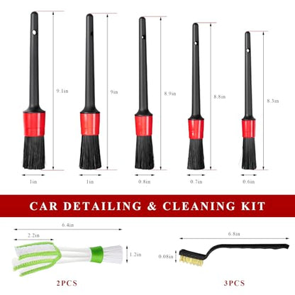 10 PCS Car Detailing Brush Set, Auto Cleaning Kit with Boar Hair & Steel Wire Brushes, A/C Duster, Car Interior Exterior Detailing Kit for Dashboard Engines Leather Wheel