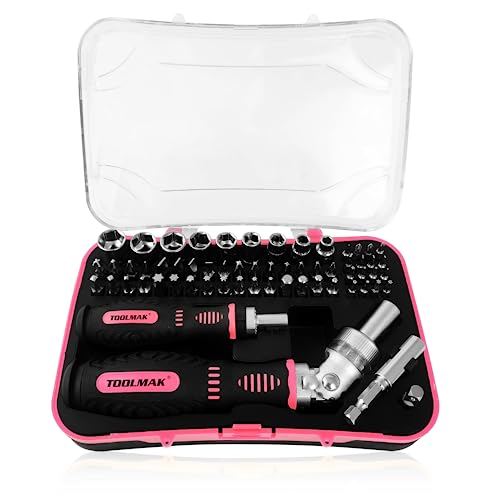 Ratcheting Screwdriver Set, 61pcs Socket & Precision Bit Set | Cr-V Steel, Rotatable Ratchet Handle & Storage Case, Ideal for Bikes, Electronics, Watches & Glasses - style: 61pcs Pink Ratchet Screwdriver