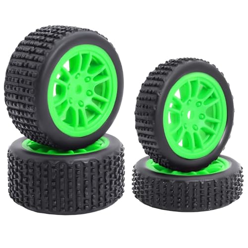 4PCS Pre-Mounted Pin Buggy RubberTires and Wheel Rims Set 7MM Hexagon for 1/24 Losi Micro-B RC Car Upgrades Parts (Green) - color: Green