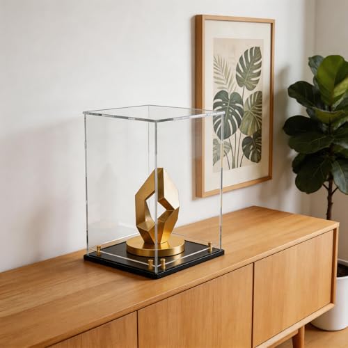 Acrylic Display Case with Raised Shelf, Clear Display Box with Black Base & Gold Standoffs, Dustproof Showcase for Collectibles, Figures, Model Cars – Easy Assembly (11×11×14 Inch) - size: 11"L x 11"W x 14"H