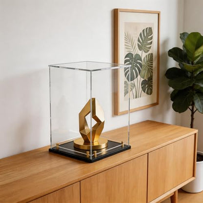 Acrylic Display Case with Raised Shelf, Clear Display Box with Black Base & Gold Standoffs, Dustproof Showcase for Collectibles, Figures, Model Cars – Easy Assembly (9×9×13 Inch) - size: 9"L x 9"W x 13"H