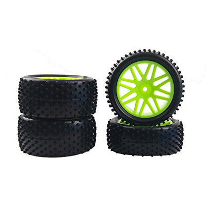 16-Spoke OD 86mm/3.38'' 16-Spoke 12mm Hex Hub Wheel Rims & Rubber Tires Compatible with Redcat Tornado HPI HSP Kyosho Losi 1/10 Scale Off Road Buggy (Green) - color: Green