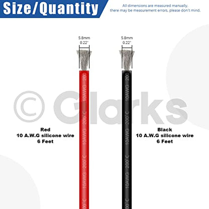 Glarks 10 Gauge High Temp Silicone Wire 6 ft red and 6 ft Black Flexible Insulated Copper Wire