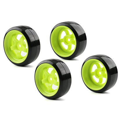 1/10 RC Drift Tires & Wheels, Fluorescent Green | Hard Plastic Drift Tires, 12mm Hex Rims, For HSP Redcat HPI Tamiya MST, Includes 8 Lock Nuts & Tool - color: Green