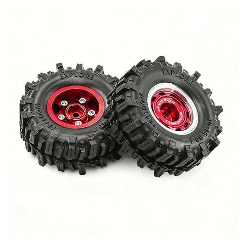 0.7” Wheel & Mud Terrain Tire Set for 1/30 RC Crawler, -1.00mm Offset, Axial SCX30 & Redcat Ascent-32, CNC Aluminum Rims, 5mm Hex, Shims Screwdriver Included, Pre-Assembled, 4 pcs, Red - color: Red, size: Loose-dirt-mud-bite