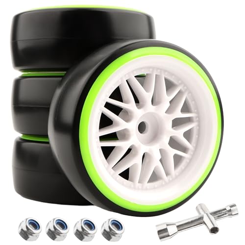 1/10 Hard Plastic RC Drift Tires - 12mm Hex Hub On-Road Touring Racing Wheels Set for HSP Tamiya HPI Kyosho Redcat ExceedRC WLtoys 144001 On-Road Drifting Drift Cars - color: Green