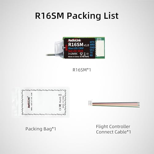 Radiolink R16SM 2.4G 16 Channels Mini Receiver SBUS/CRSF Long Range Control for FPV Micro Drone, Quadcopter, Compatible with RC Transmitter T16D/T12D/T8FB/T8S/RC8X/RC6GS V3/RC4GS V3