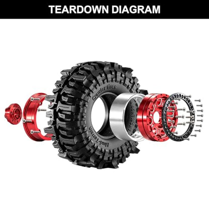 1.9" Aluminum Beadlock Wheels and 118mm Tires for SCX10 TRX4 | 12mm HEX, 0mm Offset, 47*118mm Mud Soft Rubber Tires, with Foam Inserts, 1/10 Scale RC Crawlers Upgrade parts - color: Red-3