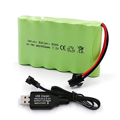 7.2V Ni-MH Battery Pack, 2400mAh Rechargeable AA Battery with USB Charge Cable, SM 2P Plug for RC Car, Truck, Tank, Boat, Toys