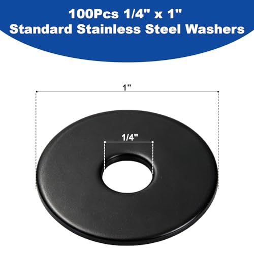 ZQZ 100Pcs 1/4" x 1" Flat Washers, 304 Stainless Steel Fender Washers, Black Finish, Standard Stainless Steel Washers for Screws - size: B-1/4" x 1"-100 Pieces