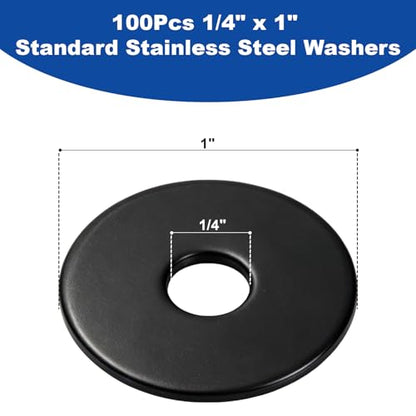 ZQZ 100Pcs 1/4" x 1" Flat Washers, 304 Stainless Steel Fender Washers, Black Finish, Standard Stainless Steel Washers for Screws - size: B-1/4" x 1"-100 Pieces