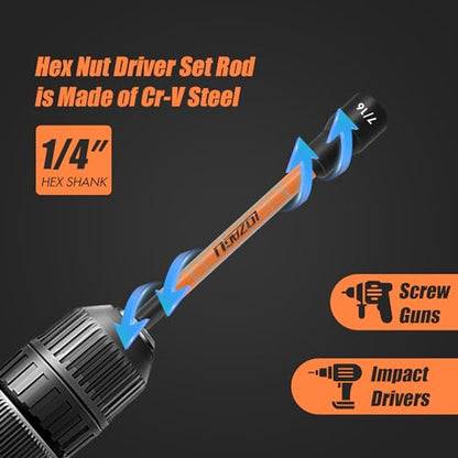 33PCS Magnetic Nut Driver Set with Long Handle | 6 Inch Long Nut Driver Set | SAE and Metric | 1/4 Inch Hex Shank | Cr-V Steel