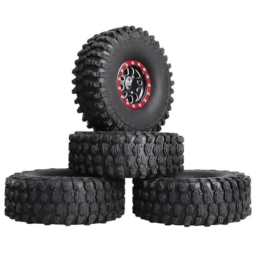 RC Crawler 1.9 Beadlock Wheels and Tires Set for 1/10 Scale Axial SCX10 TRX4 RC4WD Redcat Gen8 Gen7 Rock Crawling All Terrain - color: Red Rims