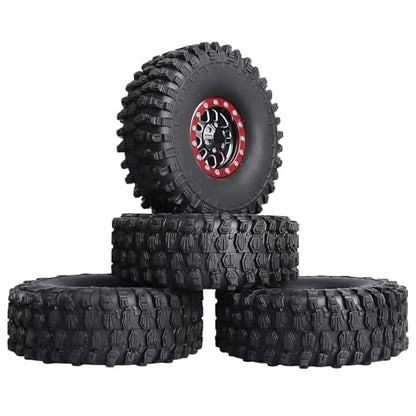 RC Crawler 1.9 Beadlock Wheels and Tires Set for 1/10 Scale Axial SCX10 TRX4 RC4WD Redcat Gen8 Gen7 Rock Crawling All Terrain - color: Red Rims