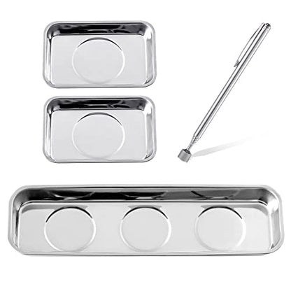 3 Pieces Magnetic Trays with 5LBs Telescoping Magnetic Pick-up Tool Set, 8.9" and 2 Pieces 3.7" Rectangle Stainless Steel Magnet Parts Tray for Screws, Mechanic's - size: 8.9", 2 x 3.7"+5LB Pickup
