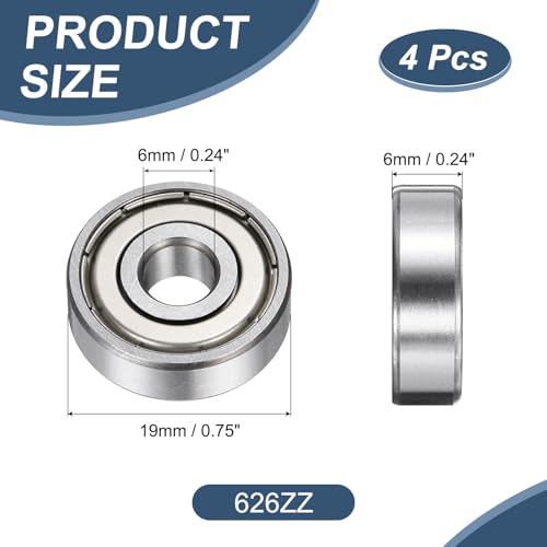 uxcell 4 Pack 626ZZ Deep Groove Ball Bearings, 6x19x6mm Chrome Steel Double Shield Bearing for Electric Motor, Home Appliances, Garden Machinery, (ABEC5) - size: 626ZZ