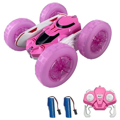 Remote Control Car, RC Stunt Car, 2.4GHz 4WD RC Cars with LED Lights, Double-Sided Driving, 360° Flips Rotating, 2 Rechargeable Batteries (Pink) - color: Pink, size: 2 Batteries