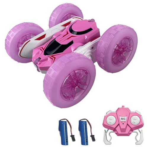 Remote Control Car, RC Stunt Car, 2.4GHz 4WD RC Cars with LED Lights, Double-Sided Driving, 360° Flips Rotating, 2 Rechargeable Batteries (Pink) - color: Pink, size: 2 Batteries