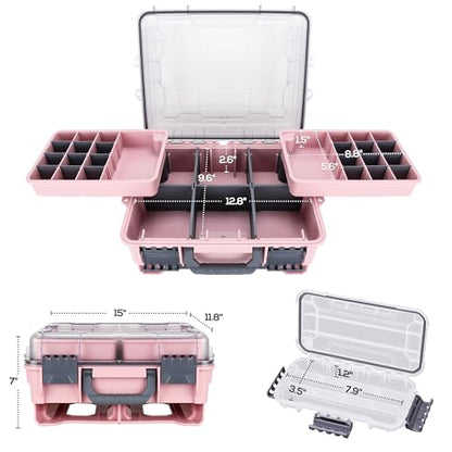 RUNCL Universal Fishing Tackle Box with Two Small Tackle Tray, Removal Inside Design Waterproof Trunk Storage Box, Thicker Floating Airtight Stowaway, Xmas Surprise Fishing Gifts for Men Women - color: Pink