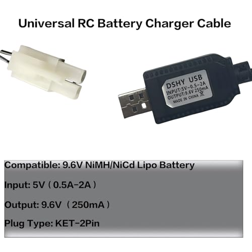 9.6V NiMH/NiCd Battery Charger Cable with Standard Tamiya Plug Compatible RC Car RC Tank RC Plane RC Boat and Other Remote Control Toys for Universal 9.6V Lipo Battery USB Charger