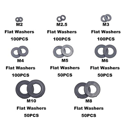 600PCS Metric M2 M2.5 M3 M4 M5 M6 M8 M10 Nylon Flat Washers Spacers Plastic Washers Assortment Kit (Black) - color: Black