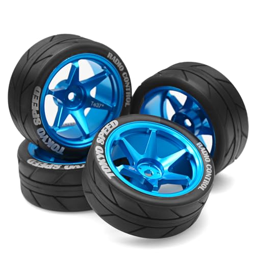 1/10 RC On Road Tires OD 65mm and Aluminum Street Wheels 12mm Hex Touring Tyres for 1:10 Rally Racing Drift Car Tamiya TT01 TT02 XV01 HPI KYOSHO HSP PTG2 Traxxas TA06 A959 PTG2 (Blue) - color: Blue