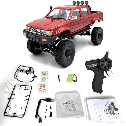RC Rock Crawler WPL C64-1 RC Truck, 1:16 Scale 2.4GHz Remote Control Truck, 4WD All Terrain Off-Road RC Crawler with LED Lights and 2 Rechargeble Batteries for Adults (Red) - color: Red
