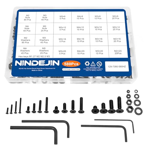 NINDEJIN M2 M3 M4 M5 Flat Head Socket Cap Screws Countersunk Bolts, Hex Drive, 12.9 Carbon Steel Screw, Full Thread, Black Oxide, 580PCS Metric Screw Bolts Nuts Washers Assortment Kit - size: 580Pcs M2-M5 8mm-20mm