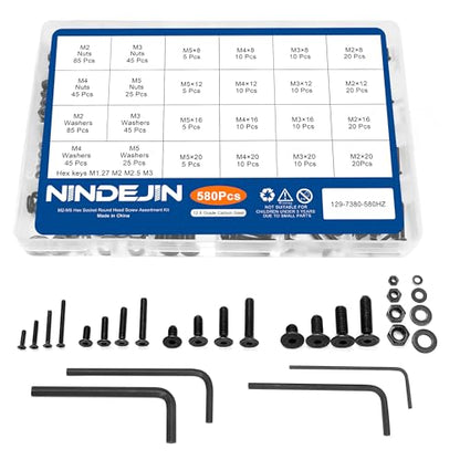 NINDEJIN M2 M3 M4 M5 Flat Head Socket Cap Screws Countersunk Bolts, Hex Drive, 12.9 Carbon Steel Screw, Full Thread, Black Oxide, 580PCS Metric Screw Bolts Nuts Washers Assortment Kit - size: 580Pcs M2-M5 8mm-20mm