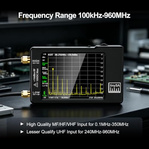 Portable Tinysa Spectrum Analyzer, AURSINC V0.3.1 Handheld Frequency Analyzer, Signal Generator 100kHz to 960MHz MF/HF/VHF UHF Input ESD Protected Function with 2.8 inch Touchscreen