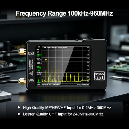 Portable Tinysa Spectrum Analyzer, AURSINC V0.3.1 Handheld Frequency Analyzer, Signal Generator 100kHz to 960MHz MF/HF/VHF UHF Input ESD Protected Function with 2.8 inch Touchscreen