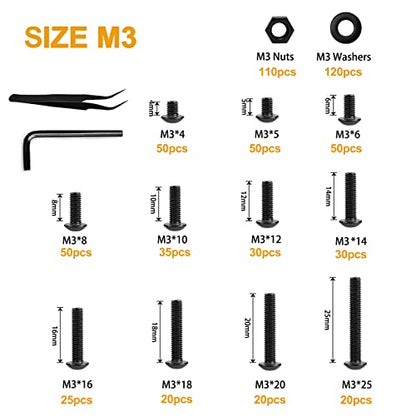VIGRUE 610PCS 14.9 Grade Alloy Steel M3 Button Hex Head Cap Screws M3 x 4/5/6/8/10/12/14/16/18/20/25mm Machine Screws Bolts Nuts Washer Assortment Kit - size: M3 Button black