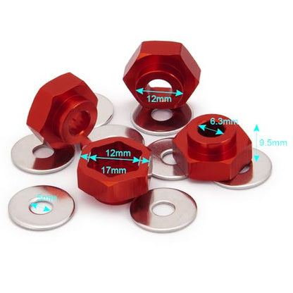 4PCS Aluminum Alloy 12mm Turn to 17mm Wheel Rim Hex Adapter Drive Hub Conversion Extension Compatible with Tamiya Axial Traxxa HPI Himoto HSP Losi Kyosho RC 1/10 On-Road Car Tires (Red) - color: Red