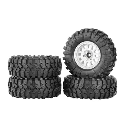4PCS 1.3" Aluminum Alloy Beadlock Wheel Rims All-Terrain Tyre 70mm Rubber Tires Set with 5mm & 7mm Hex for 1/12 1/14 1/18 1/24 RC Rock Crawler Car Upgrade Parts (C-Silver) - color: C-silver