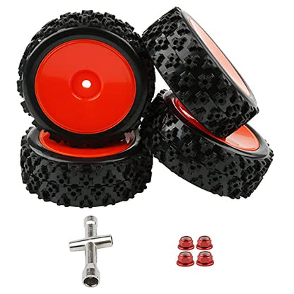 4-Pack RC Rubber Tires 12mm Hex RC Wheels and Tires Set for 1/10 On Road Racing Car 1/14 1/16 Scale Buggy, Red