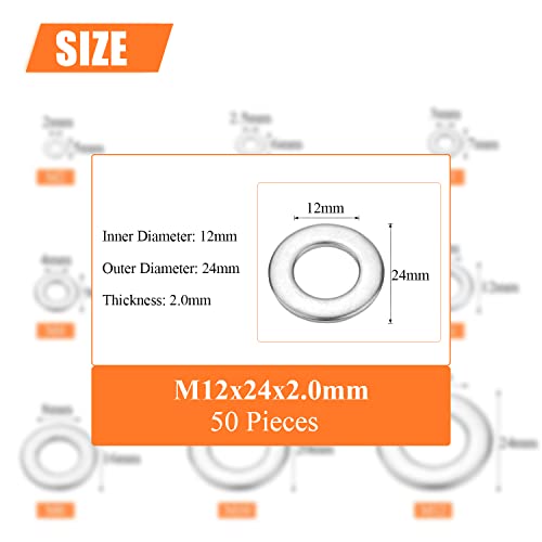 HELIFOUNER 50 Pieces M12 Flat Washers, 304 Stainless Steel, Inner Diameter 12mm, Outer Diameter 24mm, Thickness 2.0mm, Fender Washers, Metal Washers for Screws Bolts - size: M12