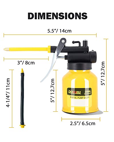 DOWELL Pistol Pump Oiler Metal Oil Can Lubrication Oil Gun 6.8oz 200ml Can Bottle with Straight Flexible Spout Yellow HY050203 - size: 6.8 oz