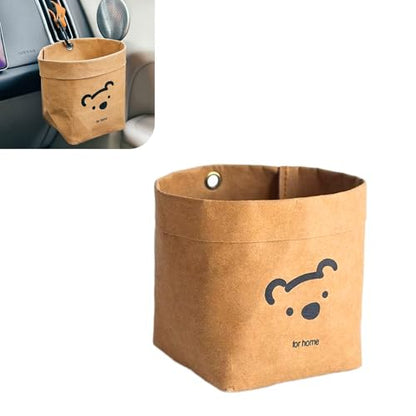 Car Storage Bag, 3.94" x 5.12" Washable Reusable Cute Bear Kraft Paper Car Organizer, Foldable Air Vent Mounted Trash Can, Back Seat Hanging Storage Box for Sunglasses Phone Card Key (Brown)