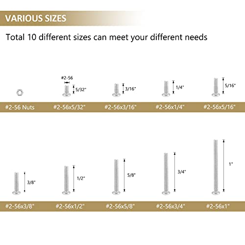 242 Pieces #2-56x 5/32", 3/16", 1/4", 5/16", 3/8", 1/2", 5/8", 3/4", 1", Phillips Pan Head Machine Screws Nuts Assortment Kit, 304 Stainless Steel, Fully Machine Thread - size: #2-56