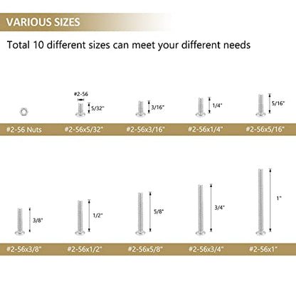 242 Pieces #2-56x 5/32", 3/16", 1/4", 5/16", 3/8", 1/2", 5/8", 3/4", 1", Phillips Pan Head Machine Screws Nuts Assortment Kit, 304 Stainless Steel, Fully Machine Thread - size: #2-56