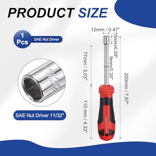 HARFINGTON SAE Nut Driver 11/32" CR-V Non-Magnetic Tip Hollow Shafts Hex Socket Screwdriver with Anti-Slip Handle for Automobile Repair Bit Driver - size: 11/32"