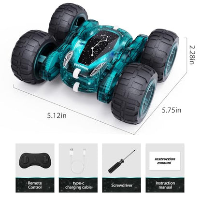 Tecnock Remote Control Car, 2.4GHz RC Cars with USB-C Easy Charging, 4WD Double Sided 360° Rotates and Flips RC Stunt Car, Toys Gift for Boys and Girls Ages 6-8, 8-12 - color: Green