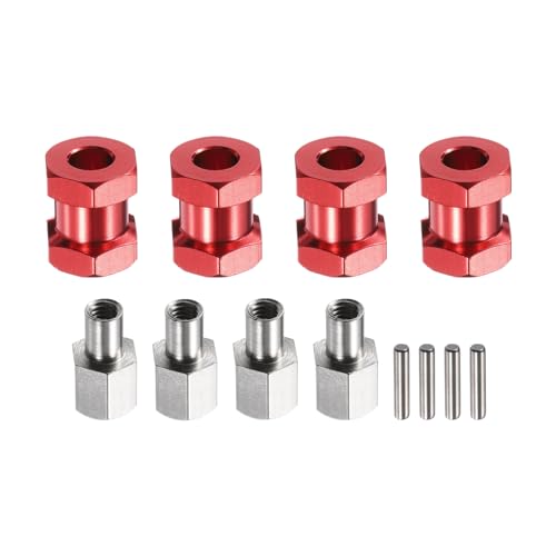 Generic 4pcs 12mm Wheel Hex Drive Hubs Adapter Combiner Coupler, Aluminum 15mm Extension with Nut Latch for 1/10 RC Crawler Car Parts, Red