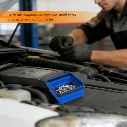 Car Collapsible Magnetic Parts Tray, Foldable Silicone Magnetic Vehicle Tool Tray Organizer for Bolts Screws Nuts, Square Automotive Washers Pins Magnet Bowl, Universal Fit (Blue) - color: Blue
