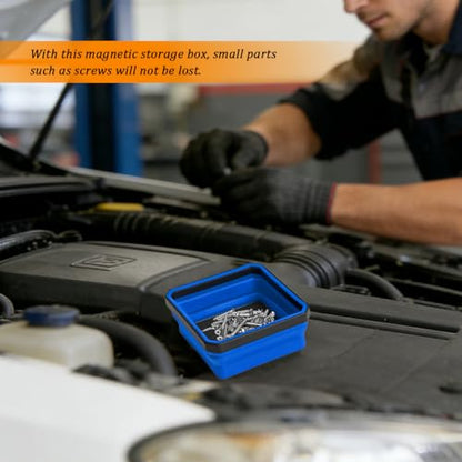 Car Collapsible Magnetic Parts Tray, Foldable Silicone Magnetic Vehicle Tool Tray Organizer for Bolts Screws Nuts, Square Automotive Washers Pins Magnet Bowl, Universal Fit (Blue) - color: Blue