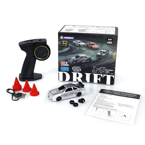 1/43 Scale RC Drift Race Vehicle Gyro 4WD Ready to Go Mini Remote Control Car High Speed Model RTR Racing Car Gift(Silver Gray) - color: Silver Grey
